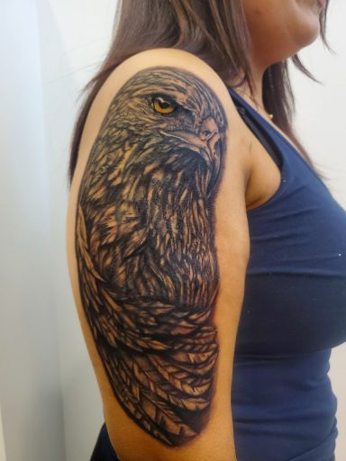 Realistic detailed tattoo of a falcon covering the upper arm, featuring intricate line work and shading.