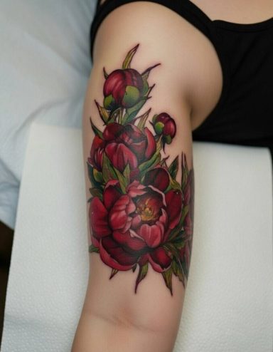 Vibrant red peony tattoo with green leaves on a the upper inner arm.