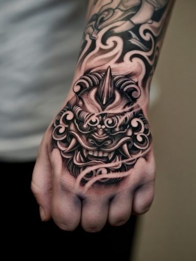 Custom black and grey Chinese lion on hand 