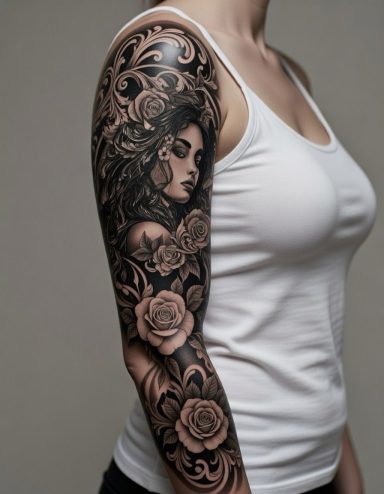 A custom design black and grey gothic themed tattoo.